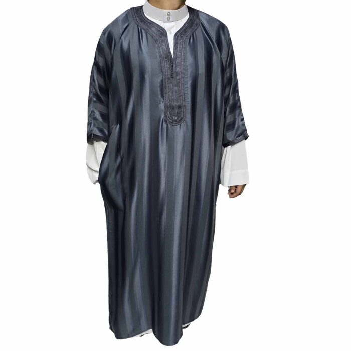 Moroccan Cotton Blend Blue Grey 3 Quarter Sleeve Thobe Jubba Kandora Dishdasha M3qsatash 2527 (6)