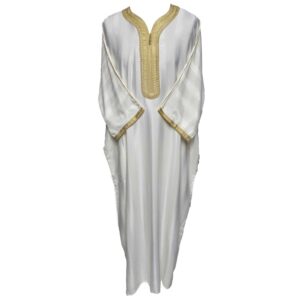 Moroccan Cotton Blend Cream Gold 3 Quarter Sleeve Thobe Jubba Kandora Dishdasha M3qsatash 4444(6)