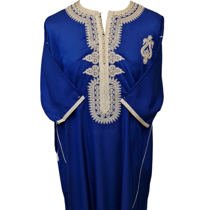 Moroccan Cotton Blend Royal Blue 3 Quarter Sleeve Thobe Jubba Kandora Dishdasha (24)