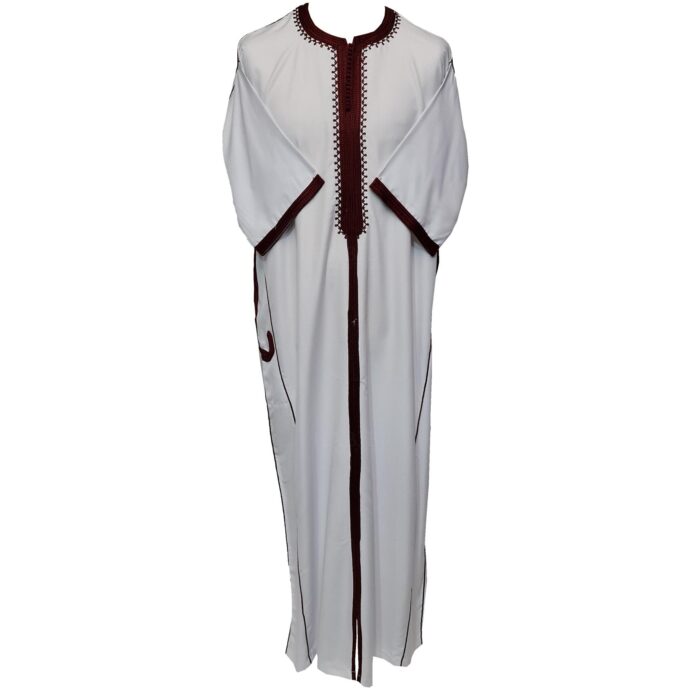 Moroccan Cotton Blend White Burgundy 3 Quarter Sleeve Thobe Jubba Kandora Dishdasha (14)