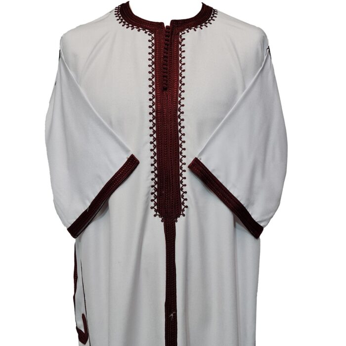 Moroccan Cotton Blend White Burgundy 3 Quarter Sleeve Thobe Jubba Kandora Dishdasha (19)