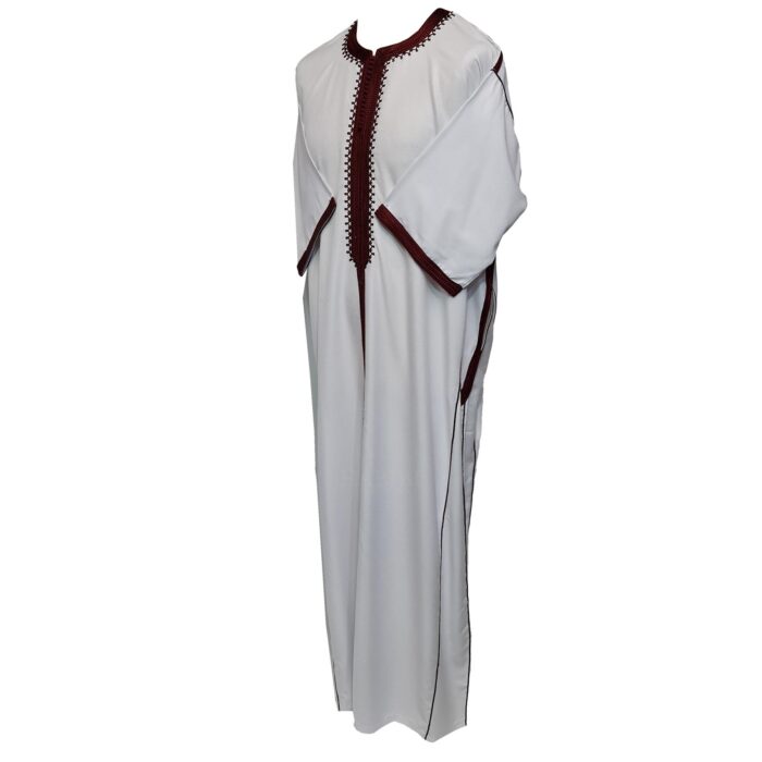 Moroccan Cotton Blend White Burgundy 3 Quarter Sleeve Thobe Jubba Kandora Dishdasha (20)