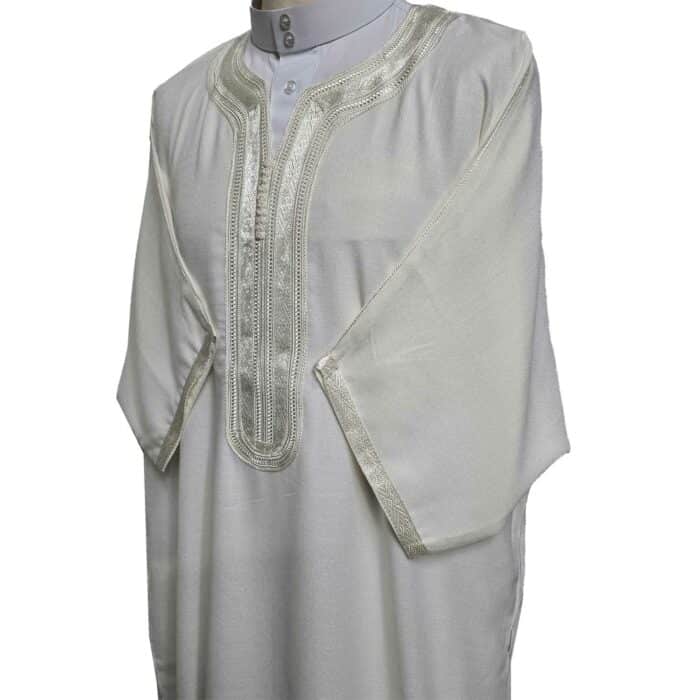 Moroccan Cotton Off White Cream 3 Quarter Sleeves Thobe Jubba Kandorah Dishdasha (1)
