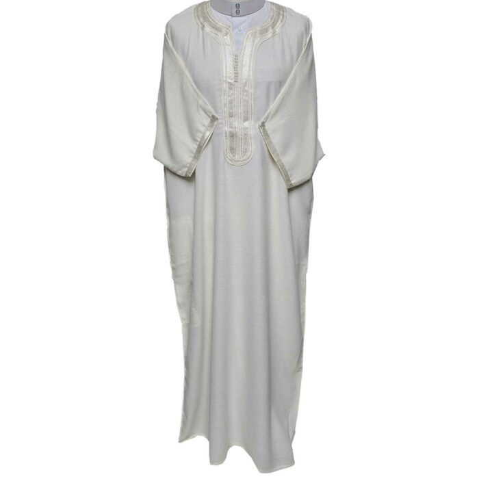 Moroccan Cotton Off White Cream 3 Quarter Sleeves Thobe Jubba Kandorah Dishdasha (3)