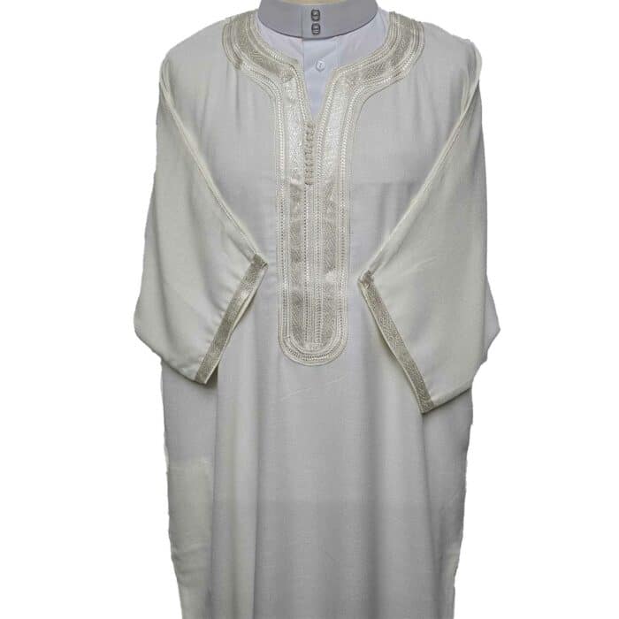 Moroccan Cotton Off White Cream 3 Quarter Sleeves Thobe Jubba Kandorah Dishdasha (4)