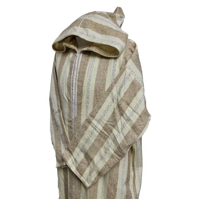 Moroccan Cream Beige Striped Cashmere Wool Blend Hooded Thobe Jubba Djellaba (21)