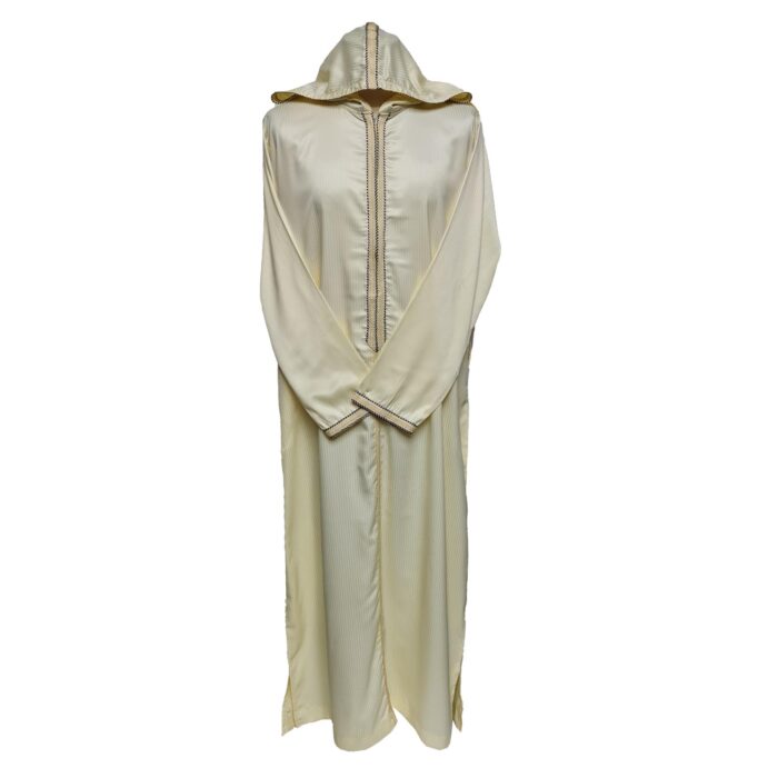 Moroccan Cream Striped Zip Front Long Sleeve Hooded Thobe Jubba Djellaba (13)