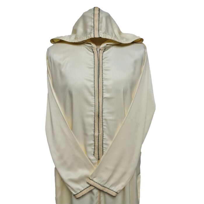Moroccan Cream Striped Zip Front Long Sleeve Hooded Thobe Jubba Djellaba (14)