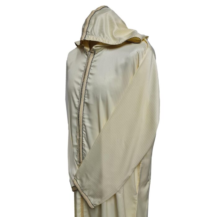 Moroccan Cream Striped Zip Front Long Sleeve Hooded Thobe Jubba Djellaba (15)