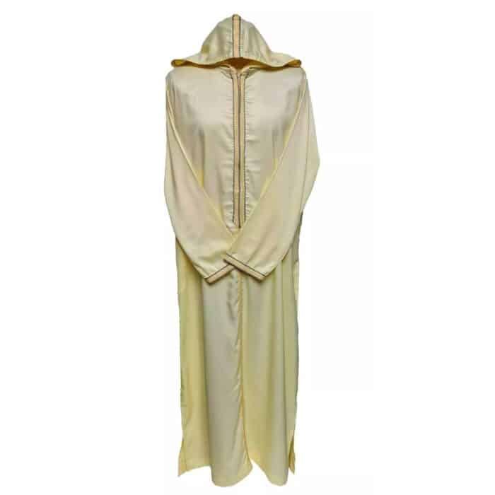 Moroccan Cream Yellow Striped Zip Front Long Sleeve Hooded Thobe Jubba Djellaba