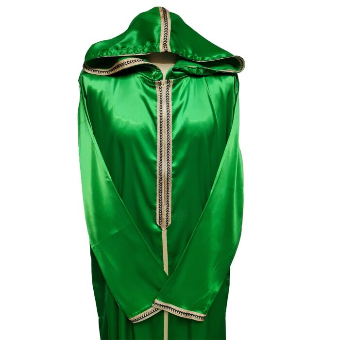 Moroccan Green Shiny Zip Front Long Sleeve Hooded Thobe Jubba Djellaba (22)