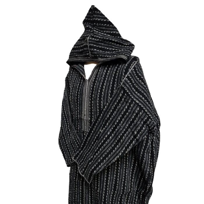 Moroccan Grey Black 3 Quarter Length Striped Wool Blend Hooded Thobe Djellaba (1)