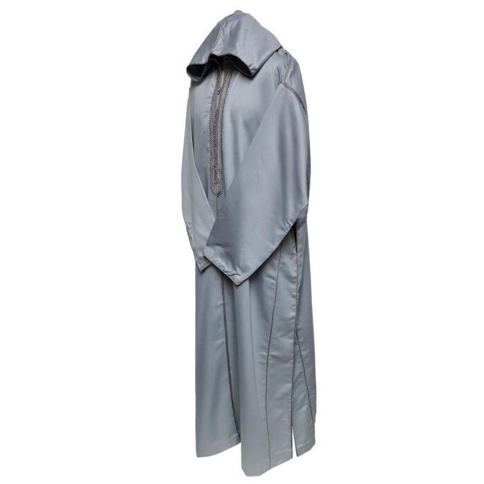 Moroccan Grey Cotton Malifa Wool Blend Long Sleeve Hooded Jubba Thobe Djellaba (3)