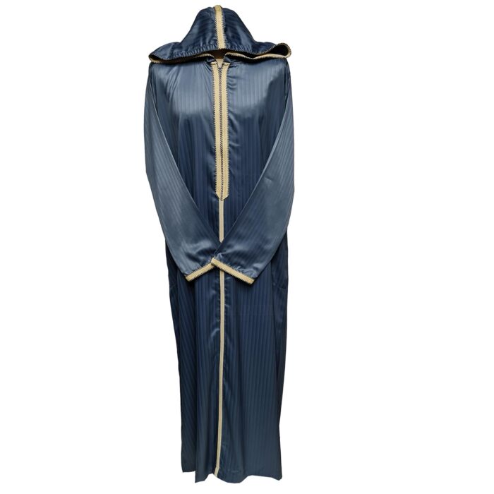 Moroccan Grey Striped Zip Front Long Sleeve Hooded Thobe Jubba Djellaba (2)