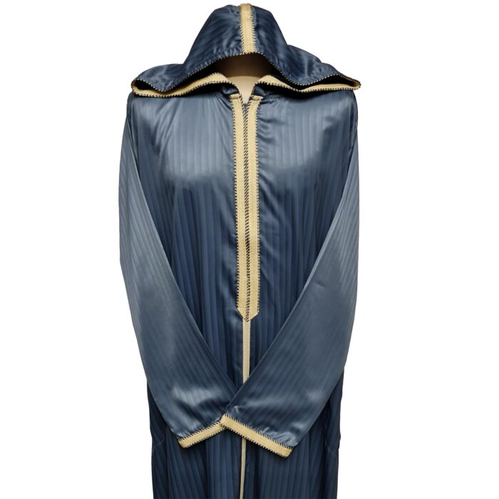 Moroccan Grey Striped Zip Front Long Sleeve Hooded Thobe Jubba Djellaba (3)