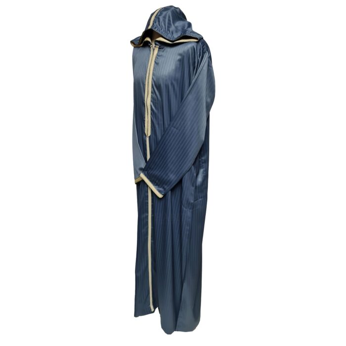 Moroccan Grey Striped Zip Front Long Sleeve Hooded Thobe Jubba Djellaba (4)