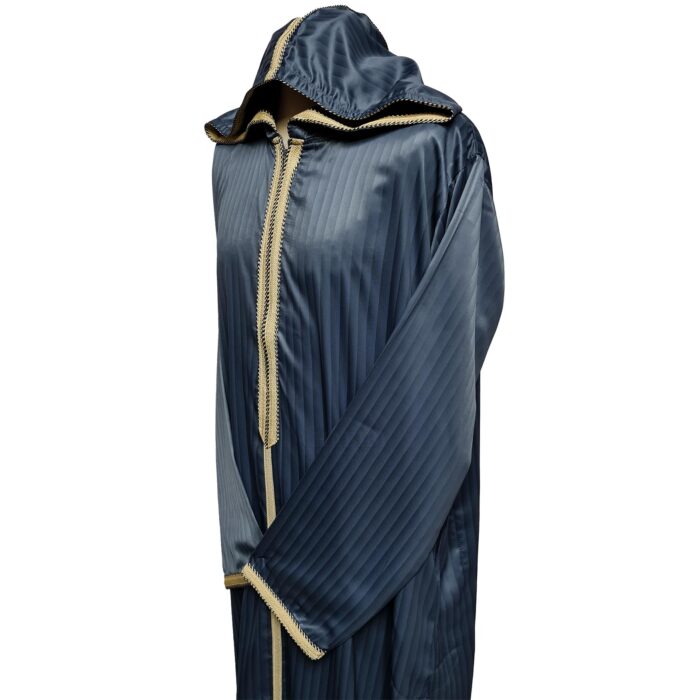 Moroccan Grey Striped Zip Front Long Sleeve Hooded Thobe Jubba Djellaba (5)