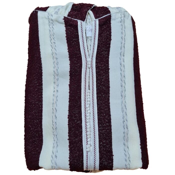Moroccan Off White Maroon Striped Cashmere Wool Blend Hooded Thobe Djellaba Super Warm