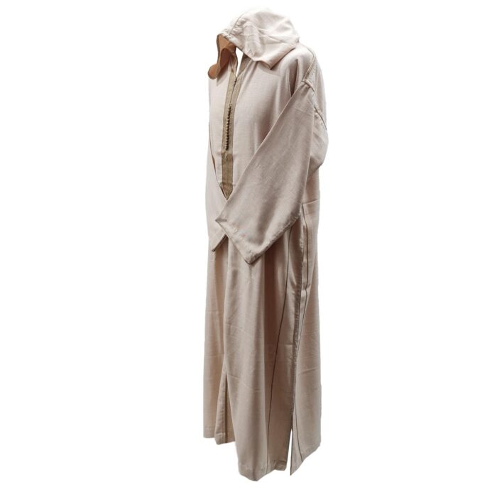 Moroccan Rich Soft Cotton Beige Hooded Long Sleeve Thobe Jubba Djellaba (1)