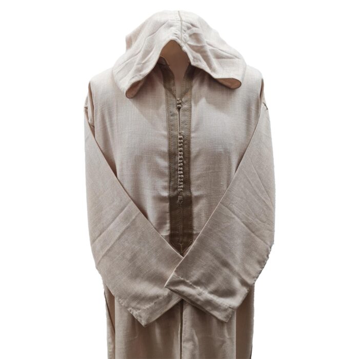 Moroccan Rich Soft Cotton Beige Hooded Long Sleeve Thobe Jubba Djellaba (3)