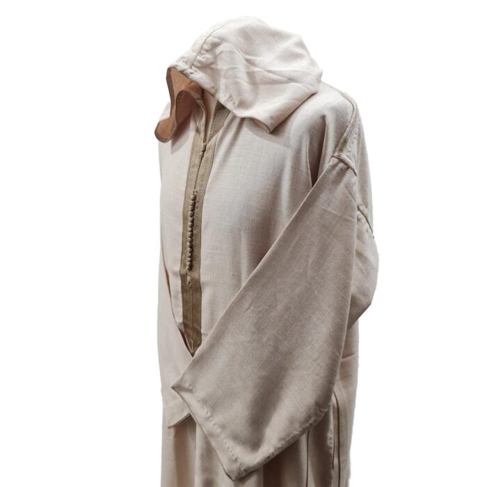 Moroccan Rich Soft Cotton Beige Hooded Long Sleeve Thobe Jubba Djellaba (4)