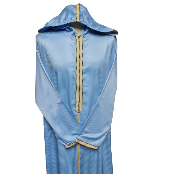 Moroccan Sky Blue Striped Zip Front Long Sleeve Hooded Thobe Jubba Djellaba (18)