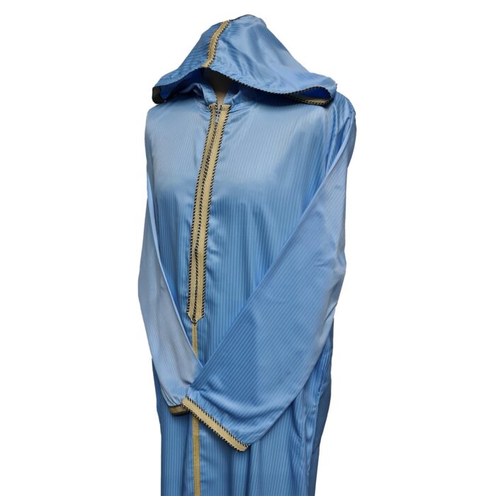 Moroccan Sky Blue Striped Zip Front Long Sleeve Hooded Thobe Jubba Djellaba (19)