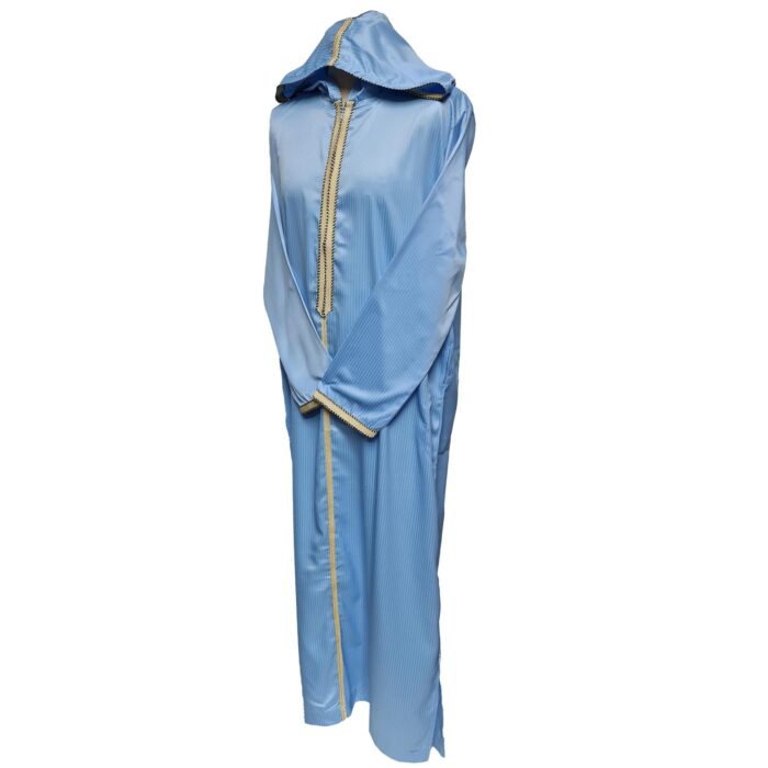 Moroccan Sky Blue Striped Zip Front Long Sleeve Hooded Thobe Jubba Djellaba (20)