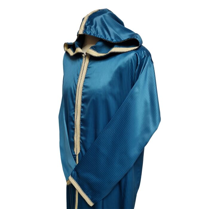 Moroccan Teal Blue Striped Zip Front Long Sleeve Hooded Thobe Jubba Djellaba (1)
