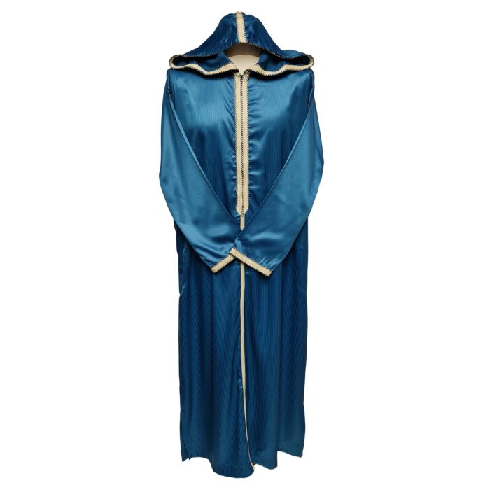 Moroccan Teal Blue Striped Zip Front Long Sleeve Hooded Thobe Jubba Djellaba (10)