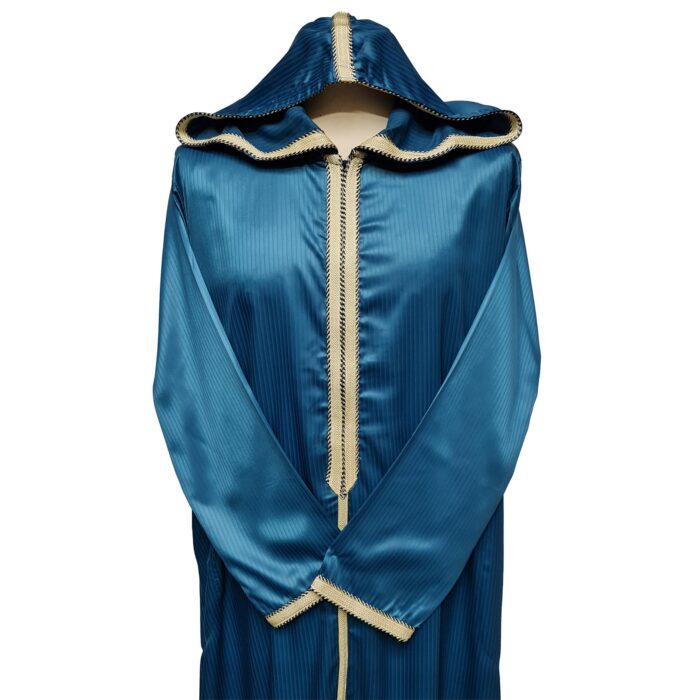Moroccan Teal Blue Striped Zip Front Long Sleeve Hooded Thobe Jubba Djellaba (11)