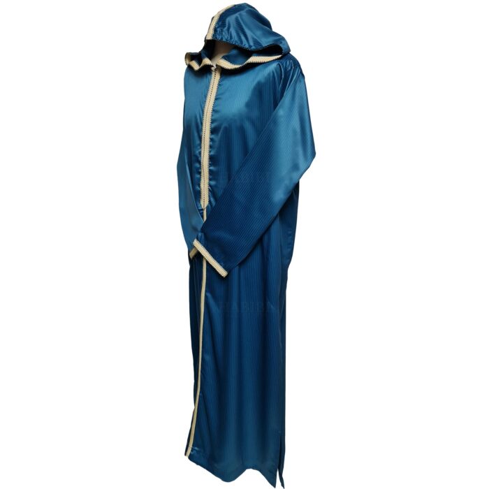 Moroccan Teal Blue Striped Zip Front Long Sleeve Hooded Thobe Jubba Djellaba (12)