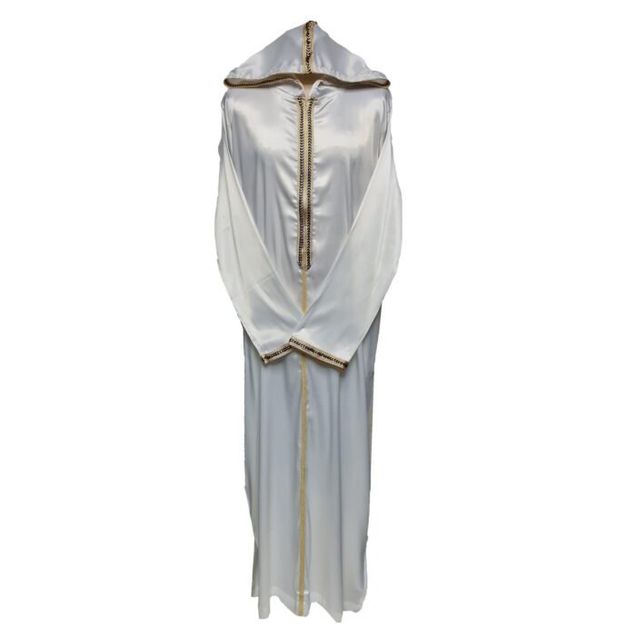 Moroccan White Shiny Zip Front Long Sleeve Hooded Thobe Jubba Djellaba (2)