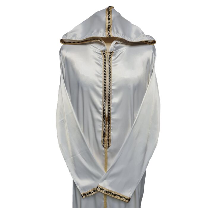 Moroccan White Shiny Zip Front Long Sleeve Hooded Thobe Jubba Djellaba (3)