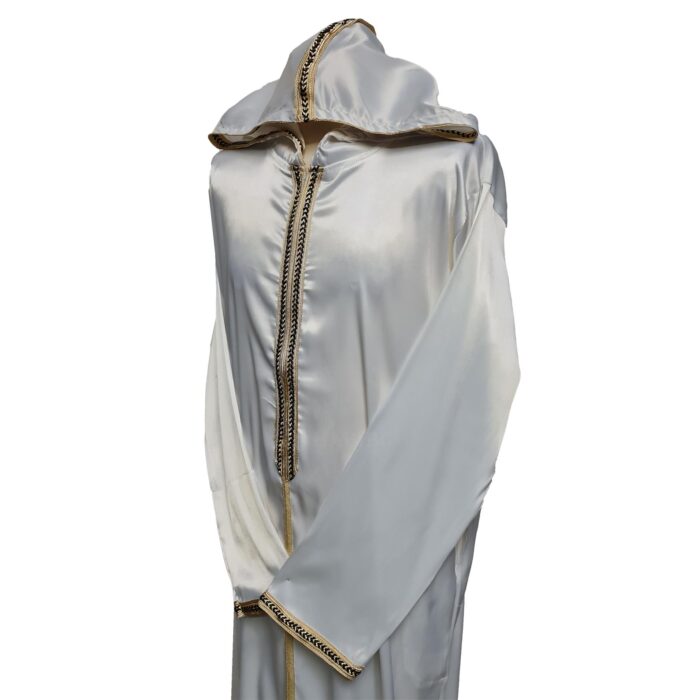 Moroccan White Shiny Zip Front Long Sleeve Hooded Thobe Jubba Djellaba (4)