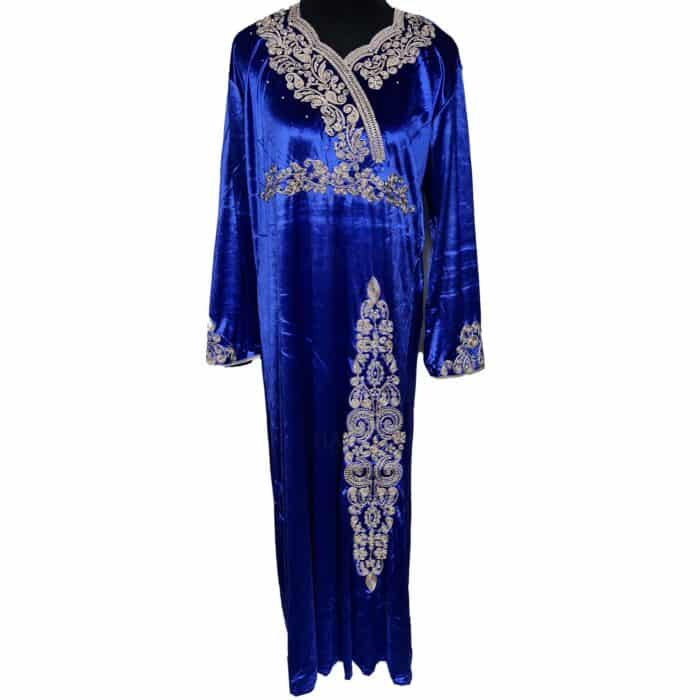 Moroccan Women Black Green Blue Embroidered Velvet Long Maxi Dress Kaftan Abaya Panel Robe Jabaliya (5)