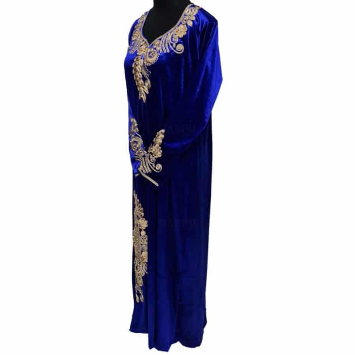 Moroccan Women Black Green Blue Maroon Embroidered Velvet Long Maxi Dress Kaftan Abaya Panel Robe Jabaliya (6)