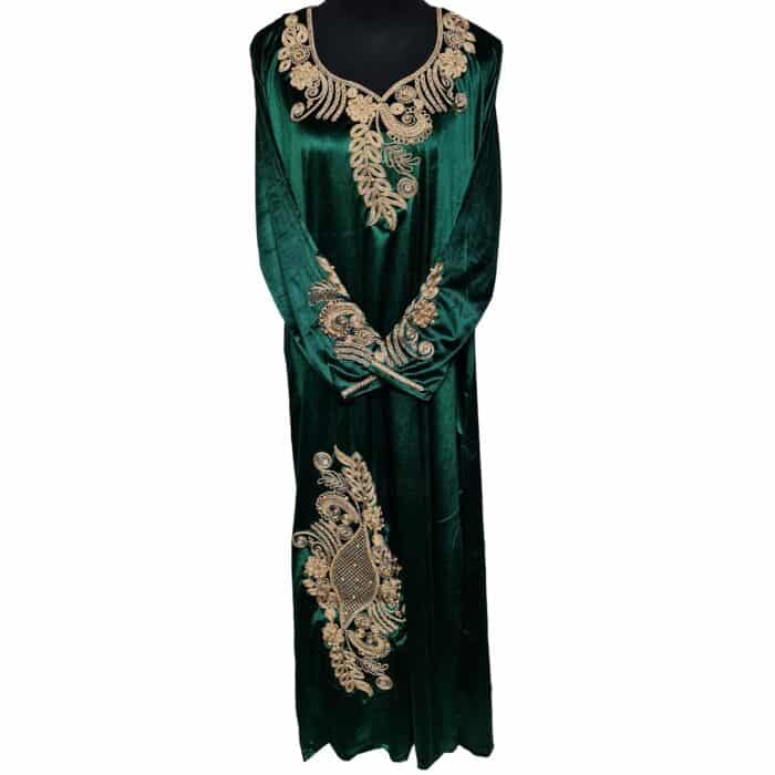 Moroccan Women Black Green Blue Maroon Embroidered Velvet Long Maxi Dress Kaftan Abaya Panel Robe Jabaliya (7)