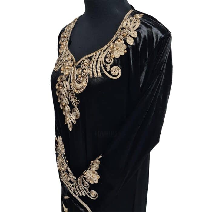 Moroccan Women Black Velvet Long Maxi Dress Kaftan Abaya Panel Robe Jabaliya (16)