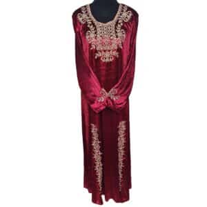 Moroccan Women Maroon Pink Velvet Long Maxi Dress Kaftan Abaya Panel Robe Jabaliya (3)