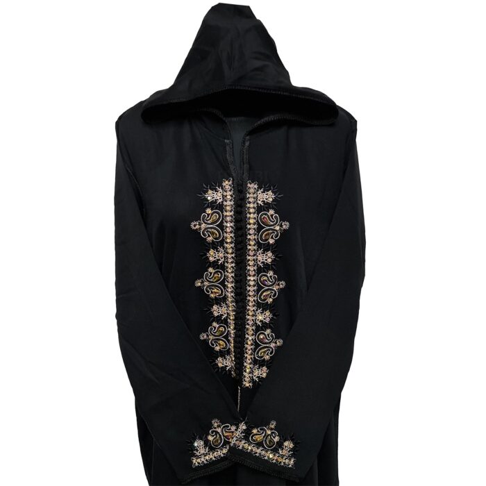 Moroccan Women's Black Cotton Malifa Wool Blend Long Sleeve Hooded Djellaba Jalabiya (1)