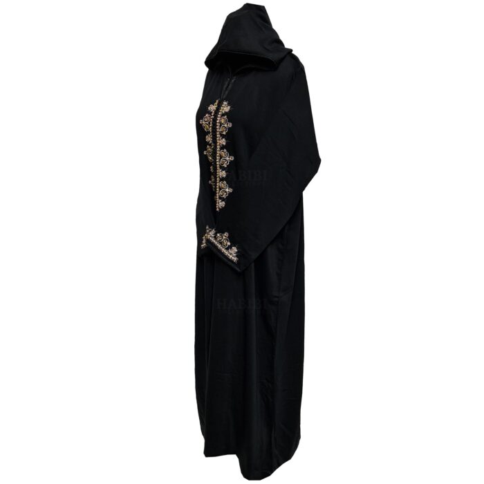 Moroccan Women's Black Cotton Malifa Wool Blend Long Sleeve Hooded Djellaba Jalabiya (2)