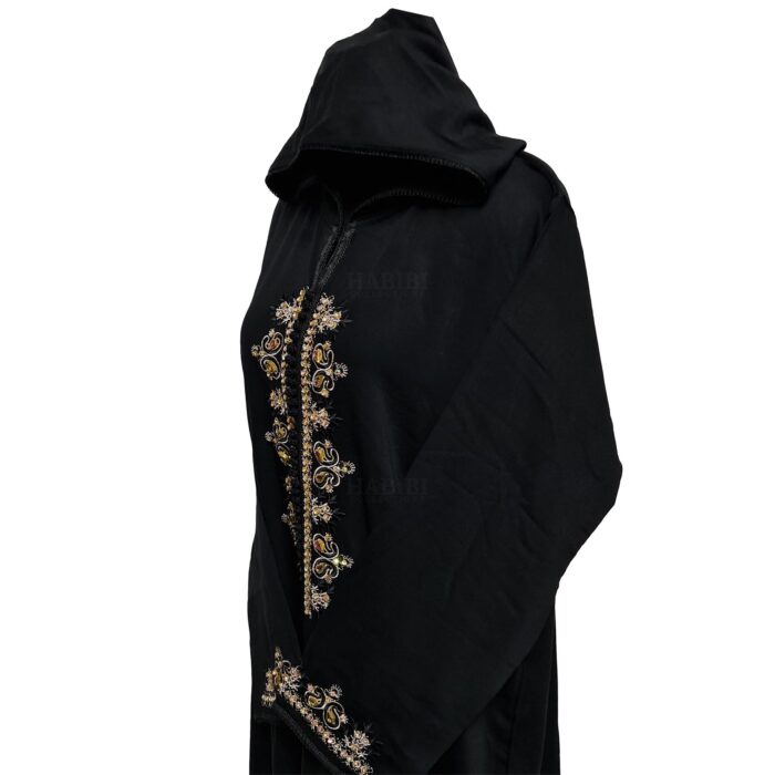 Moroccan Women's Black Cotton Malifa Wool Blend Long Sleeve Hooded Djellaba Jalabiya (3)