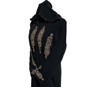 Moroccan Women's Black Cotton Malifa Wool Blend Long Sleeve Hooded Djellaba Jalabiya (5)