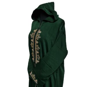 Moroccan Women's Green Cotton Malifa Wool Blend Long Sleeve Hooded Djellaba Jalabiya (1)