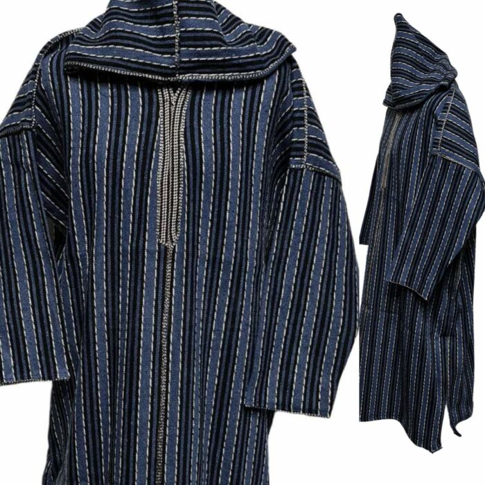 Nisfsaq 001 Moroccan Blue Striped Wool Blend 3 Quarter Free Size Hooded Thobe Djellaba 222848