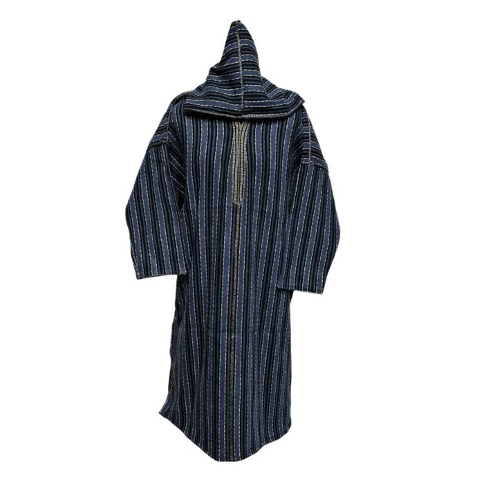 Nisfsaq 001 Moroccan Blue Striped Wool Blend 3 Quarter Free Size Hooded Thobe Djellaba 222849