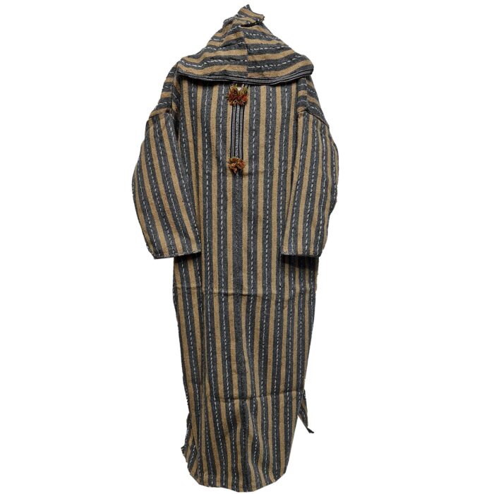 Nisfsaq 0015 Moroccan Beige Grey Multi Stripes Super Warm Wool Blend Hooded Thobe Djellaba (1)