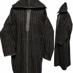 Nisfsaq 002 Moroccan Brown Striped Wool Blend 3 Quarter Free Size Hooded Thobe Djellaba 222553