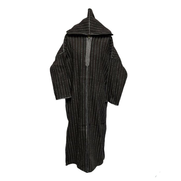 Nisfsaq 002 Moroccan Brown Striped Wool Blend 3 Quarter Free Size Hooded Thobe Djellaba 222554